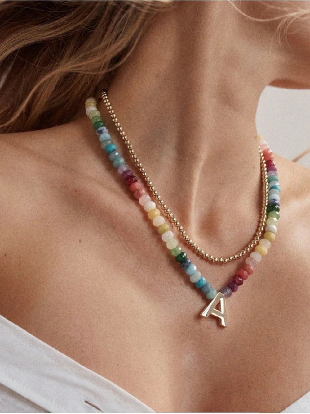 BaubleBar Gold Bead & Multicolor Gem Initial A Necklace